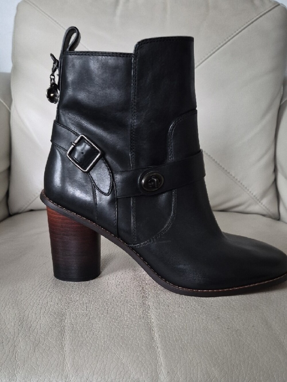 Coach Black Leather Mid-Heel Ankle Boots with Buckle